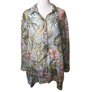 Chico’s Floral Sheer Blouse Top Blue Pink Green Size 2/Large